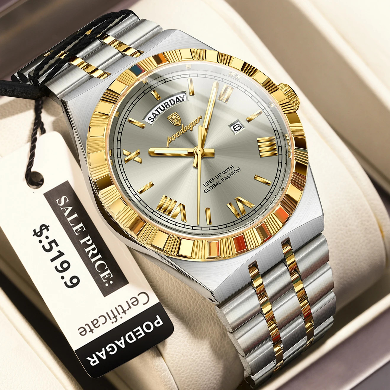 POEDAGAR Business Man Watch Week Date Waterproof Luminous Watches For Men Stainless Steel Quartz Mens Fashion Wristwatch 250828