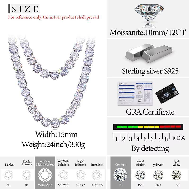 New Fashion Jewelry Necklace 15mm 925 Sterling Silver Inlaid VVS Moissanite Luxury Men Chains Hip Hop Tennis Necklace for Gift