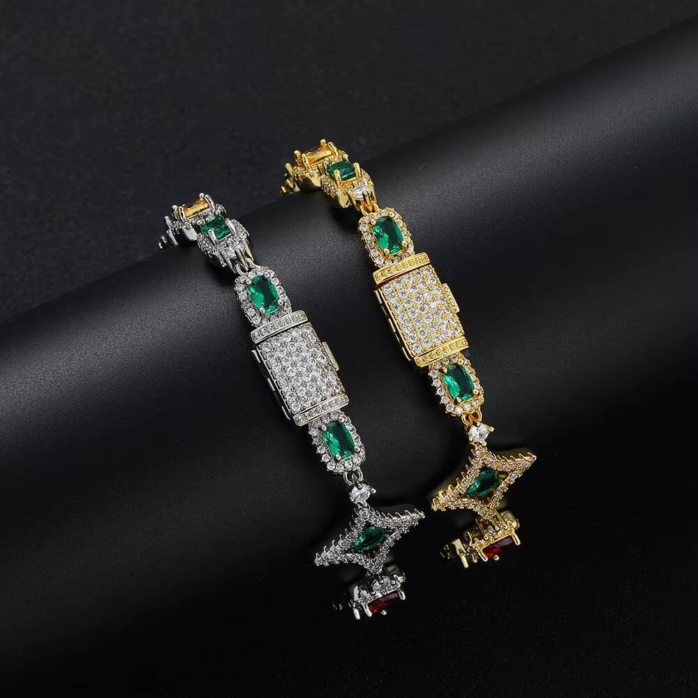 925 silver diamond-embedded hand chain; Hip-hop style ice-type diamond Cuban link hand chain jewelry