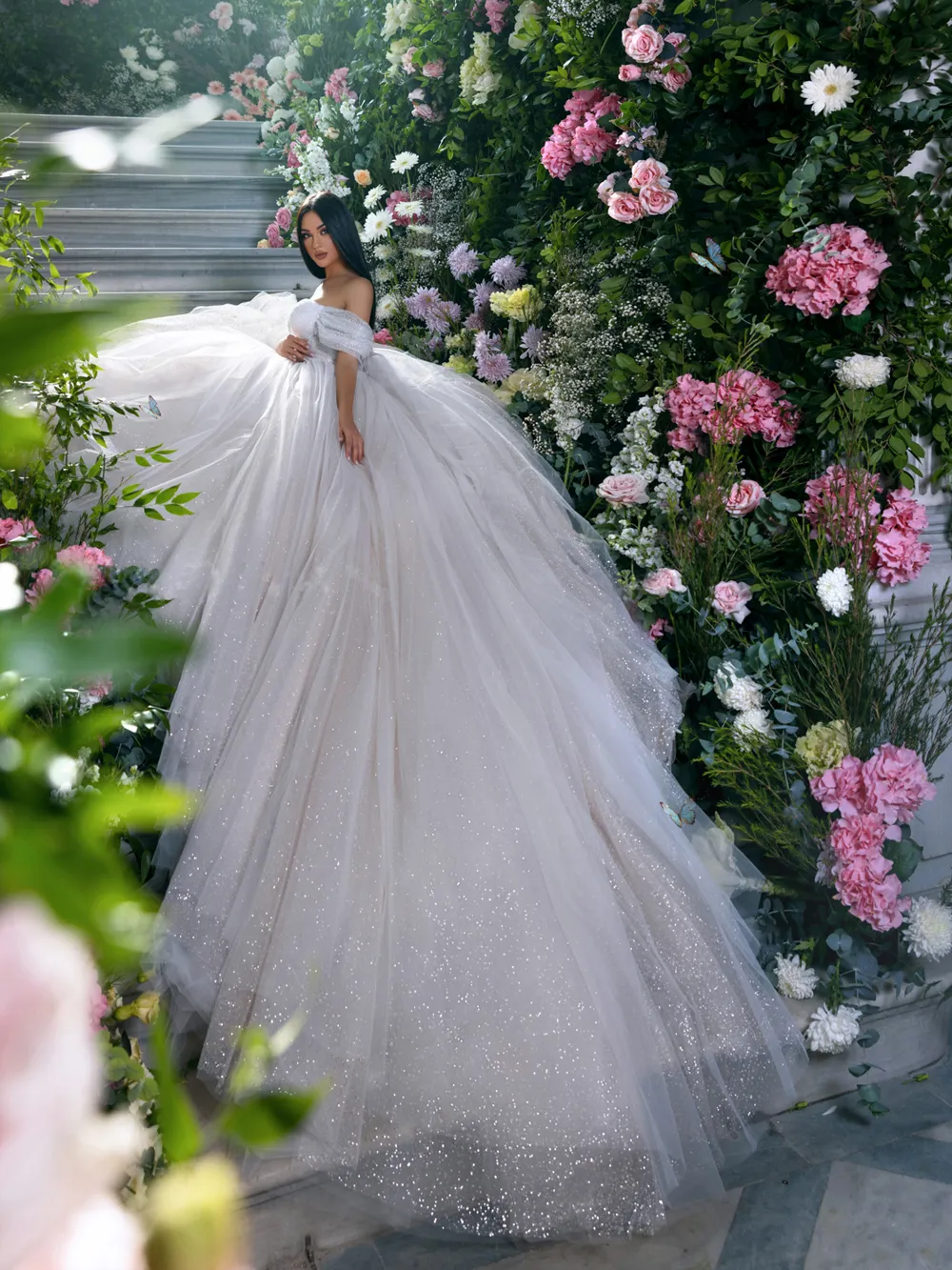 Bling Sparkly Pleats Ball Gown Wedding Dresses Delicate Glittering Off Shoulder Short Sleeves Bridal Gowns Vestidos De Novia Customed