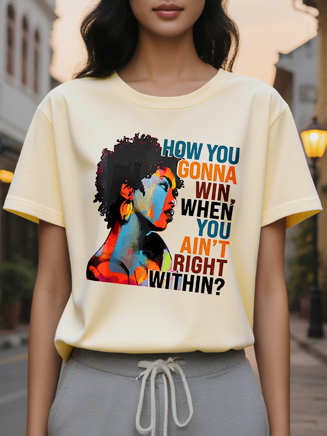 Large XL Women's Casual T-Shirt with Afro American Graffiti Portrait Print Cotton Knit Fabric Round Neck Regular Fit for Plus Size