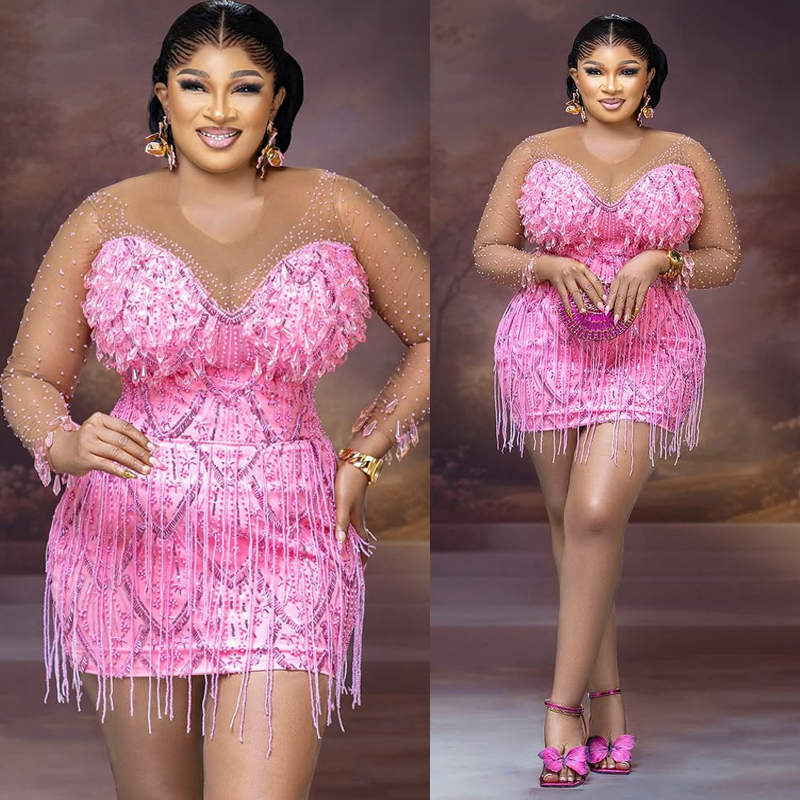 2025 Plus Size Pink Cocktail Dresses For Women Homecoming Dress Sheath Illusion Sheer Neck Long Sleeves Beaded Lace Crystals Tassel Prom Dresses For B