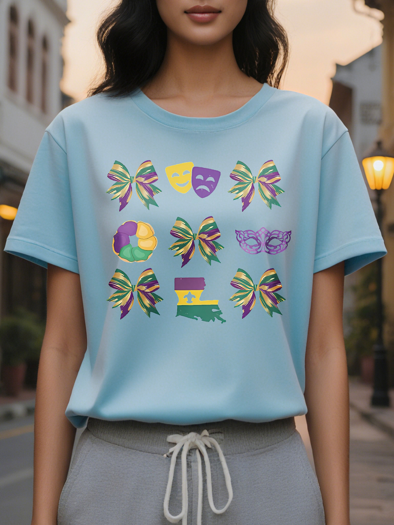 Large XL Carnival Bow Mask Graphic Print Chic Casual Short Sleeves Summer Fit Crewneck Women's T-Shirt Plus Size