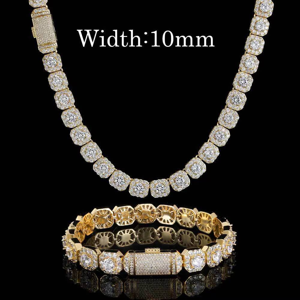 High Quality 10mm 12mm Silver Gold Plated Link Chain Necklace Hip Hop Style Iced Diamond Cluster Tennis Chain Zircon Main Stone