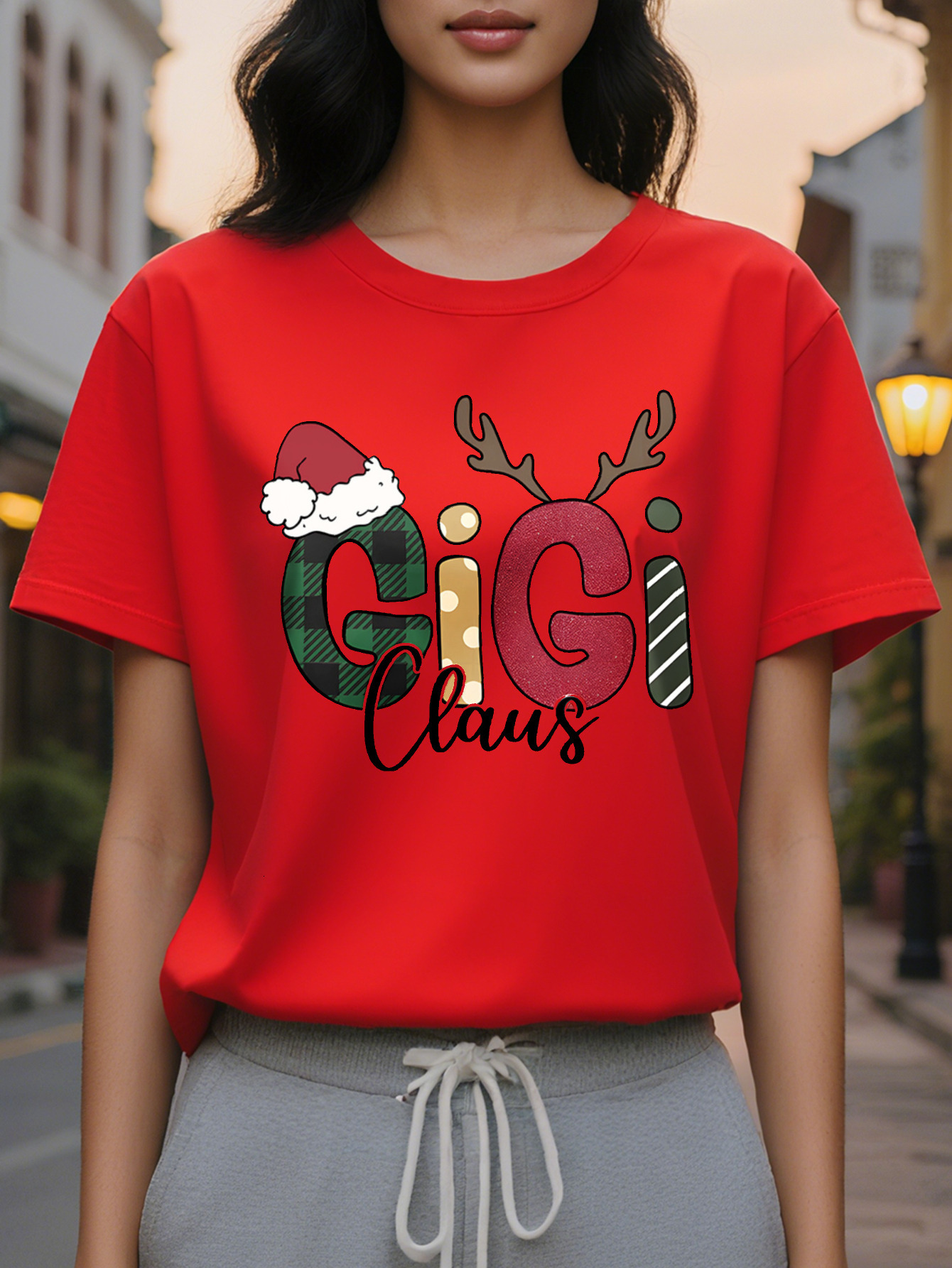 Women's Christmas Theme T-shirt Cotton Knitted Fabric Round Neck Short Sleeves Casual Style Normal Length