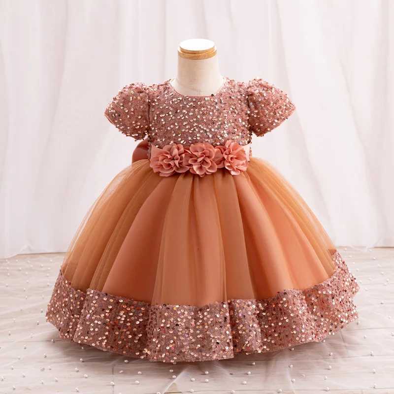1st Birthday Party Dress for Baby Girls Toddler Princess Childrens Dress New Short Sleeve Sequin Flower Fluffy Dress Z250904