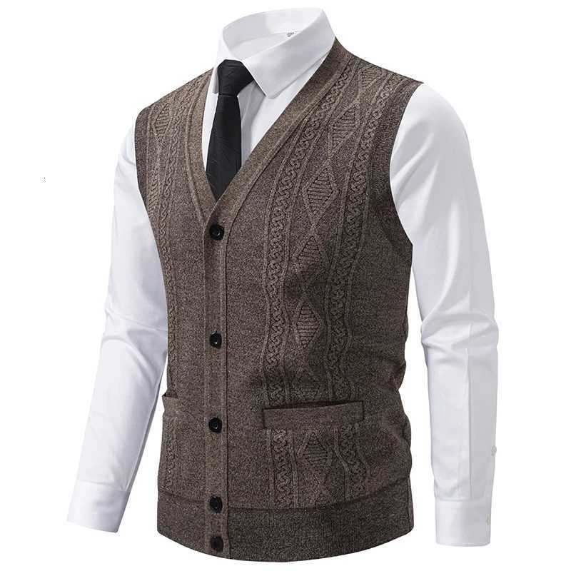 Autumn Winter Warm Slim Fit Knit Vests Men VNeck Solid Color Smart Casual Knitted Waistcoat Mens Geometric Sleeveless Knit VestXJ250904