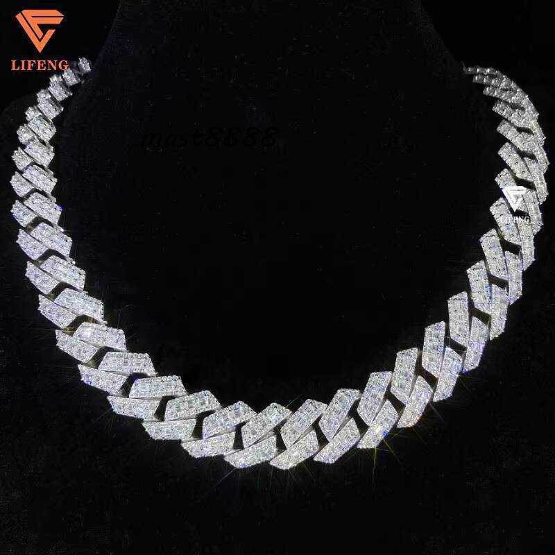 New 18mm Baguette Diamond Platinum Plated Cuban Chain 925 Sterling Silver Iced Out VVS Moissanite Necklace Hip Hop Custom Chain