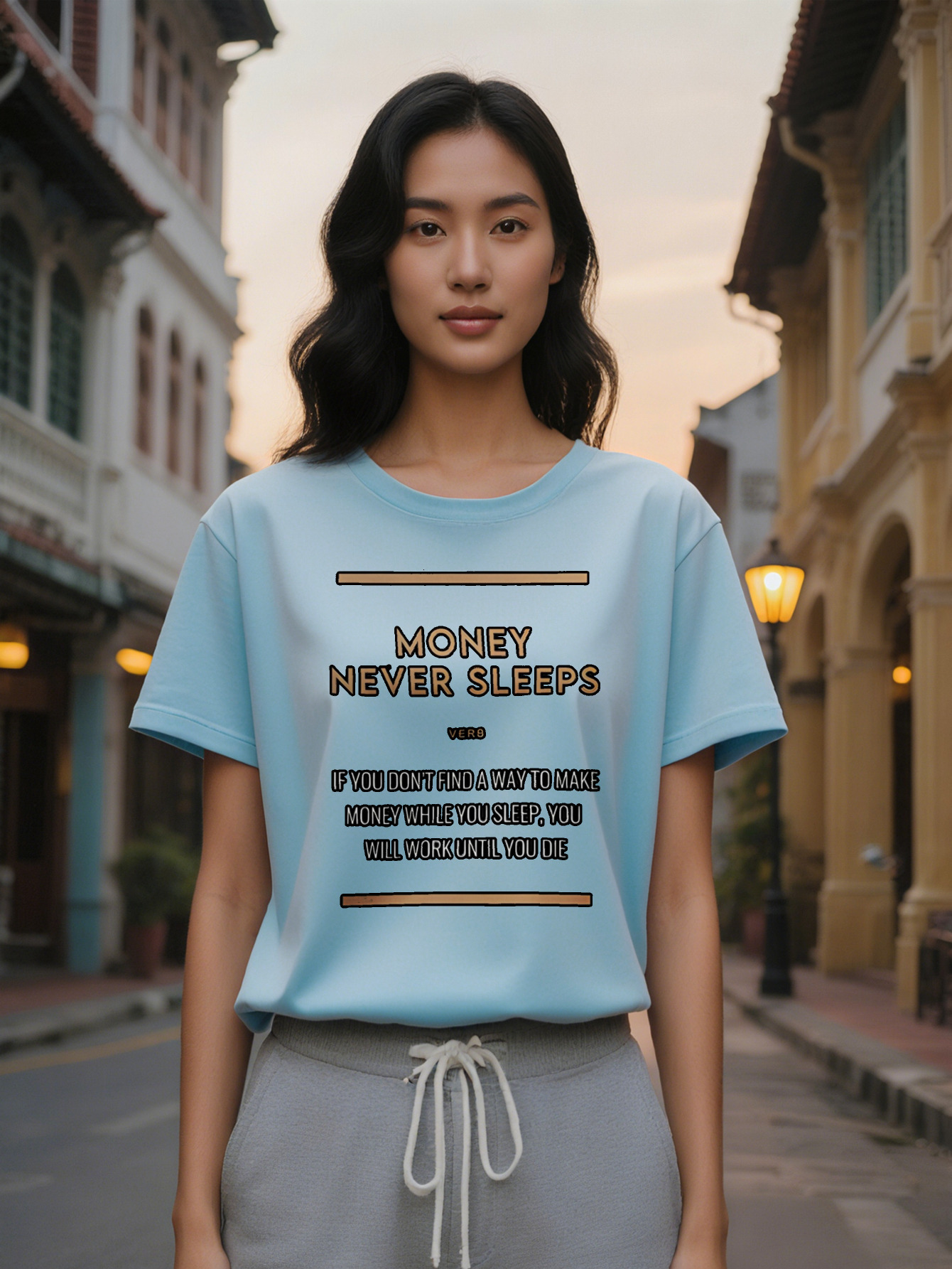 Large XL Crew Neck T-Shirt with 'Money Never Sleeps' Black Background Golden Lettering Regular Fit Summer Tee Washable Plus Size