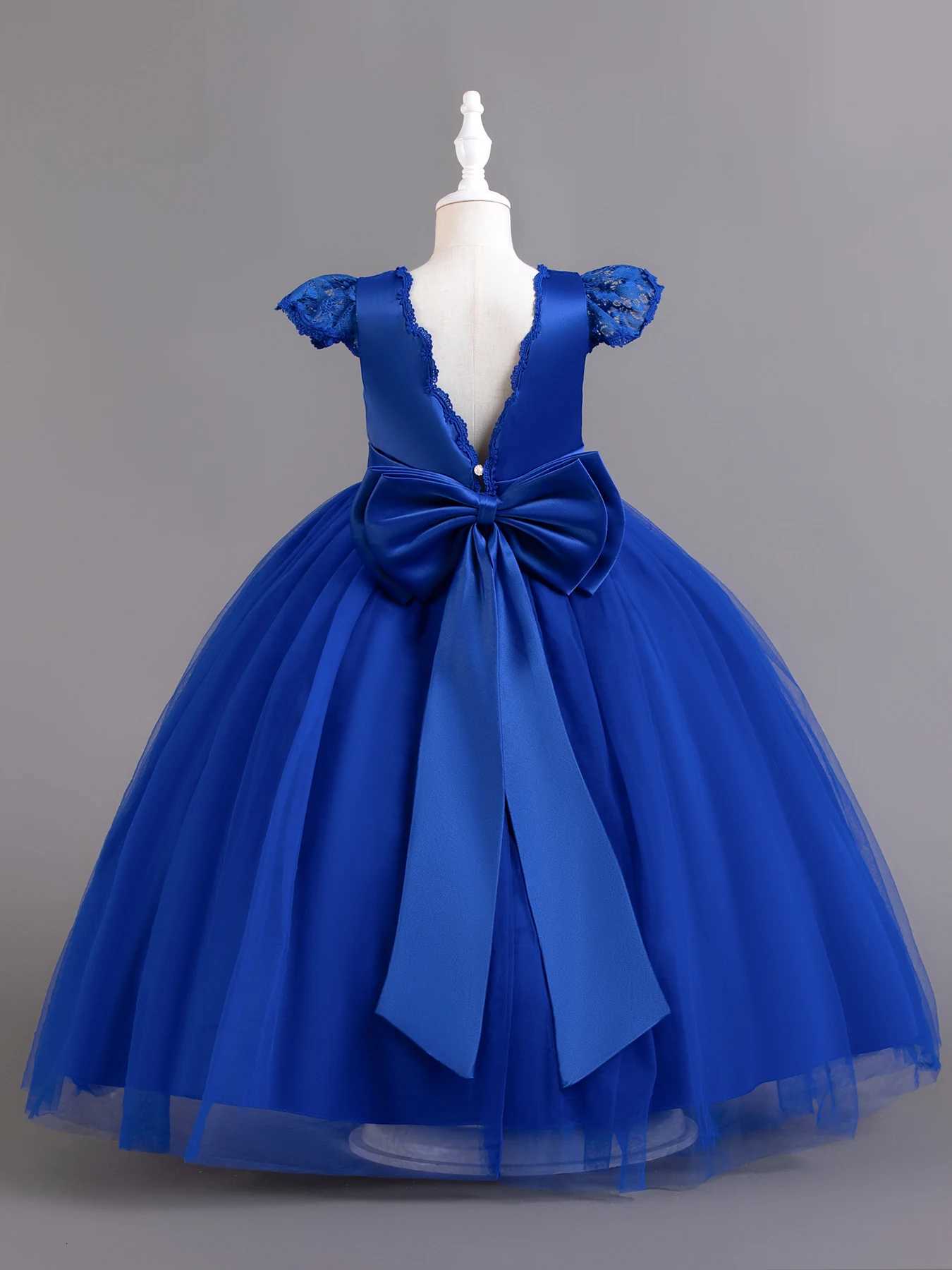 Blue colored lace child princess dress little girl runway piano performance dress with flower boy big bow long dress Z250904
