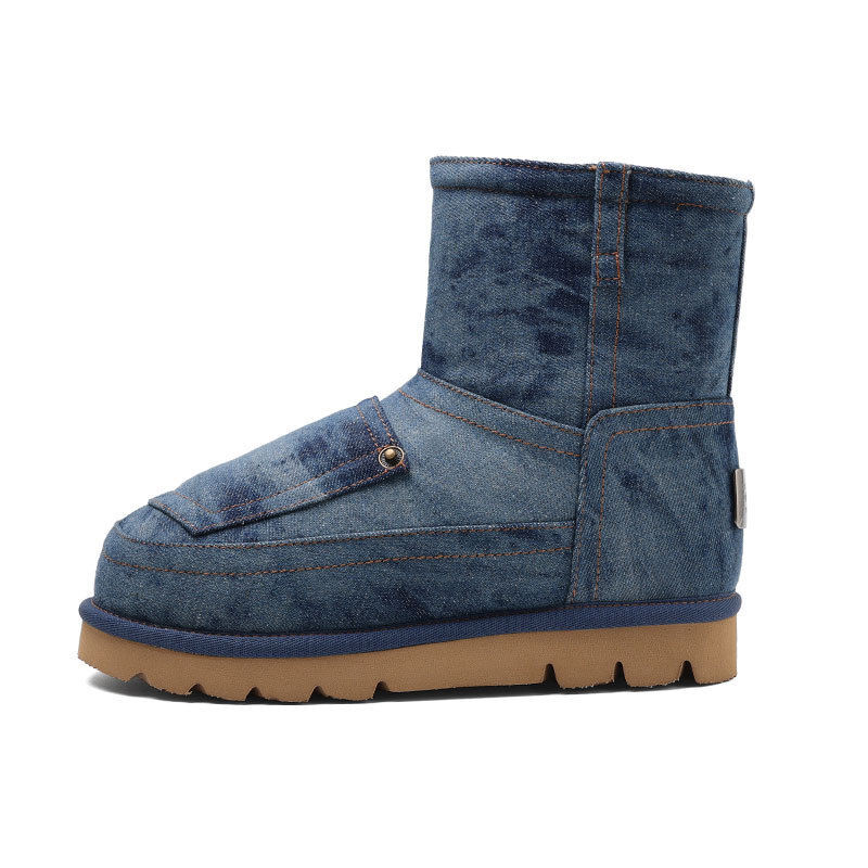 Thick soled warm snow boots 2025 designer's new retro denim cotton boots fashionable fur boots