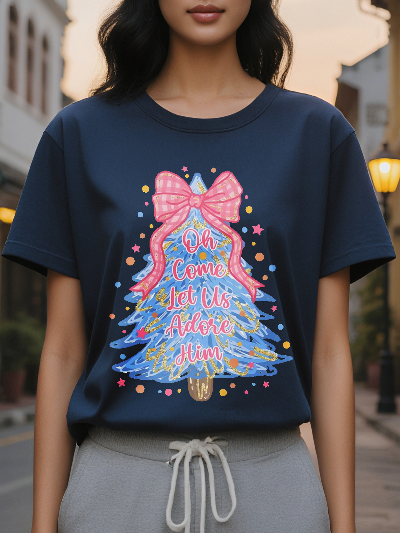 Elegant cotton T-shirt with a Christmas tree, the words 'Come worship him,' round neck casual top suitable for