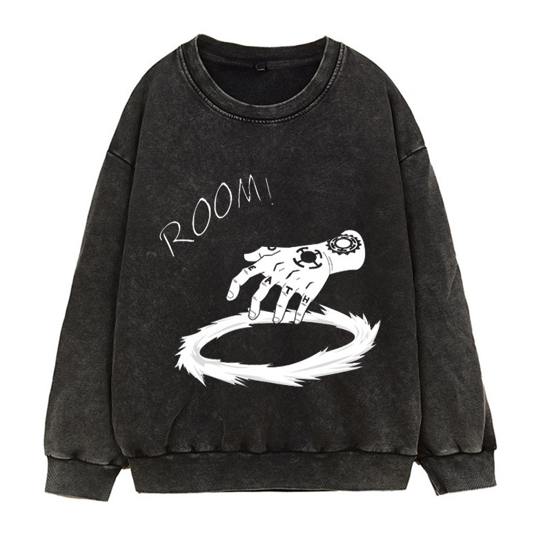 Water-Washed Vintage-Faded Hoodie Japanese Manga Trafalgar Law ROOM Anime Print Crewneck Fall/Winter Heavyweight - CJ7717