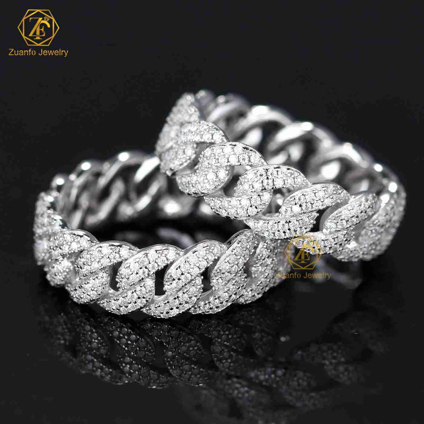 Wholesale Factory Price in Stock Moissanite Jewelry 925 Silver Iced Out 2 Row Diamond Cuban Rings Moissanite Hip Hop Ring