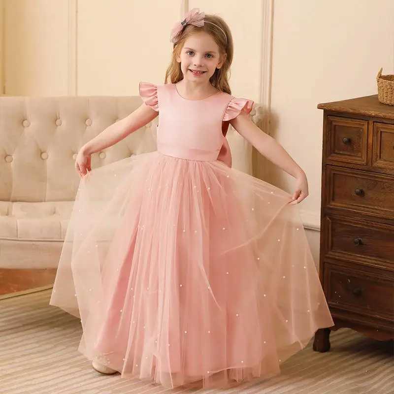 Girls New Pearl Mesh Flying Sleeve Butterfly Sweet and Cute Long Princess Dress for School Performance Runway Dress Z250904