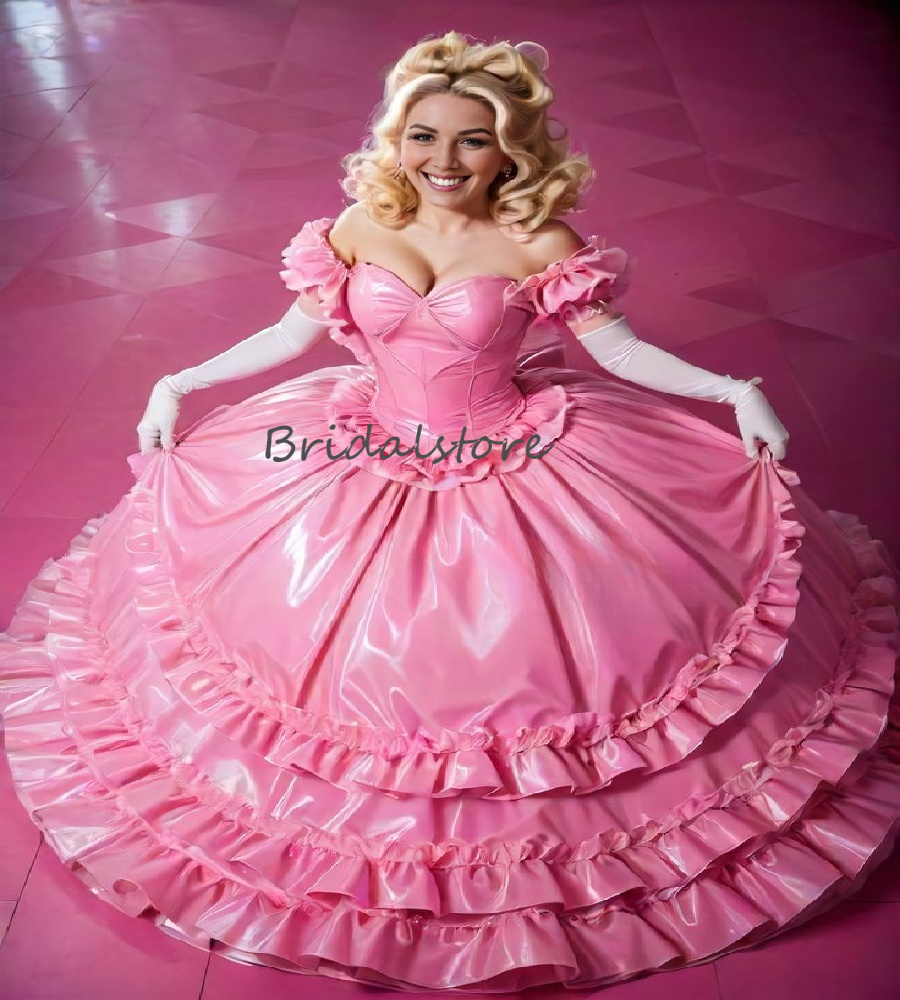 Glamorous Pink Pvc Medieval Prom Dress 2025 Short Ruffles Trim Costume Aesthetic Evening Dress Elegant Formal Party Gown Costume Tiered Ruffles Masque