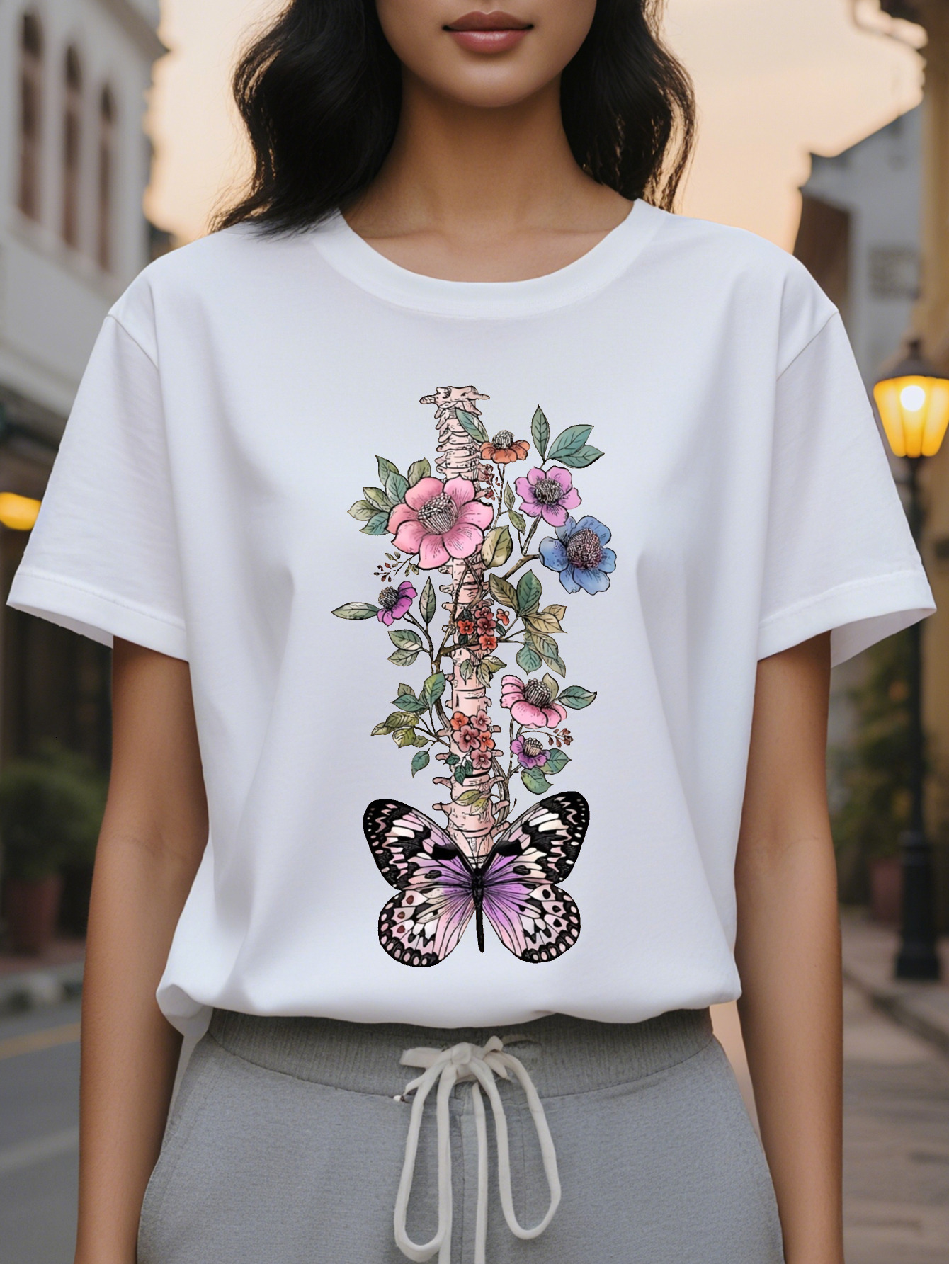 Women S Floral Print T-Shirt Casual Round Neck Short Sleeve Lightweight Cotton SpringSummer Collection Green