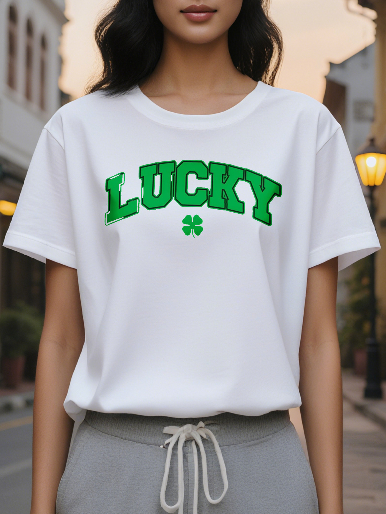 Women's Lucky Four Leaf Clover Print T-Shirt St. Patrick's Day Casual Crewneck Top Cotton Knitted Fabric