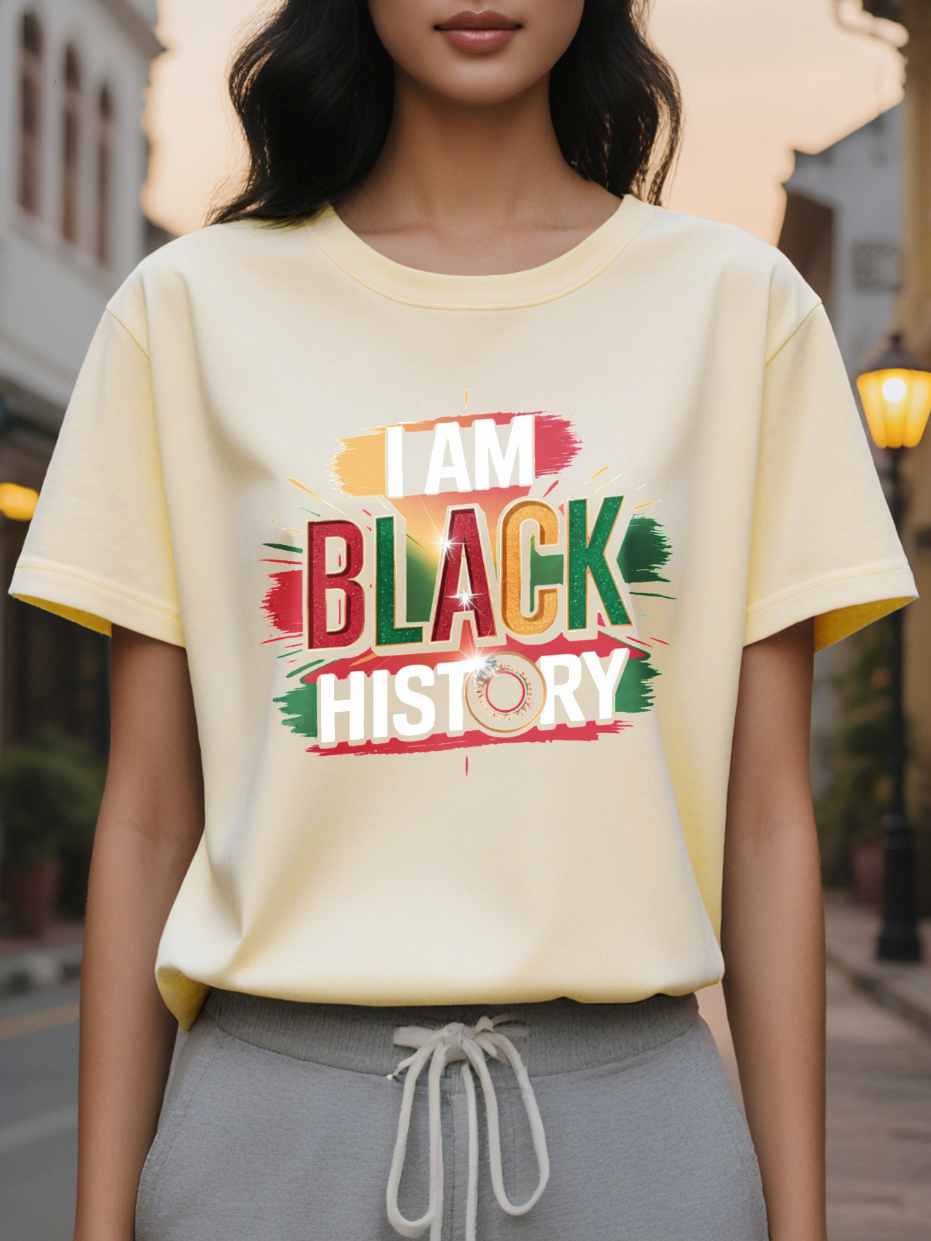 Women's T-shirt I Am Black History design short sleeve round neck casual top for spring summer bright and