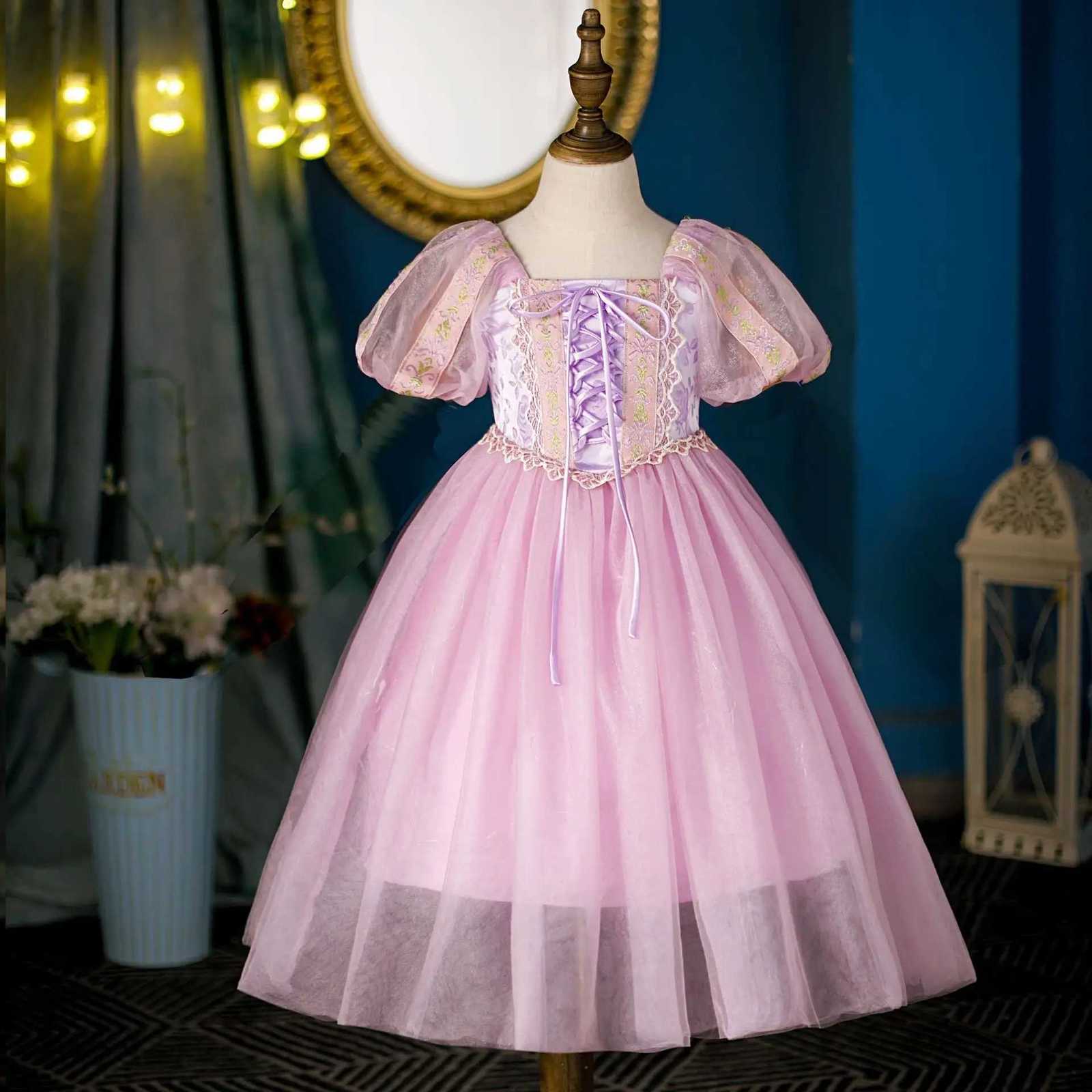 2025 Long Hair Princess Dress Rapunzel Girls Short Sleeve Summer Glowing Mesh Dress Childrens Day Dress Z250904