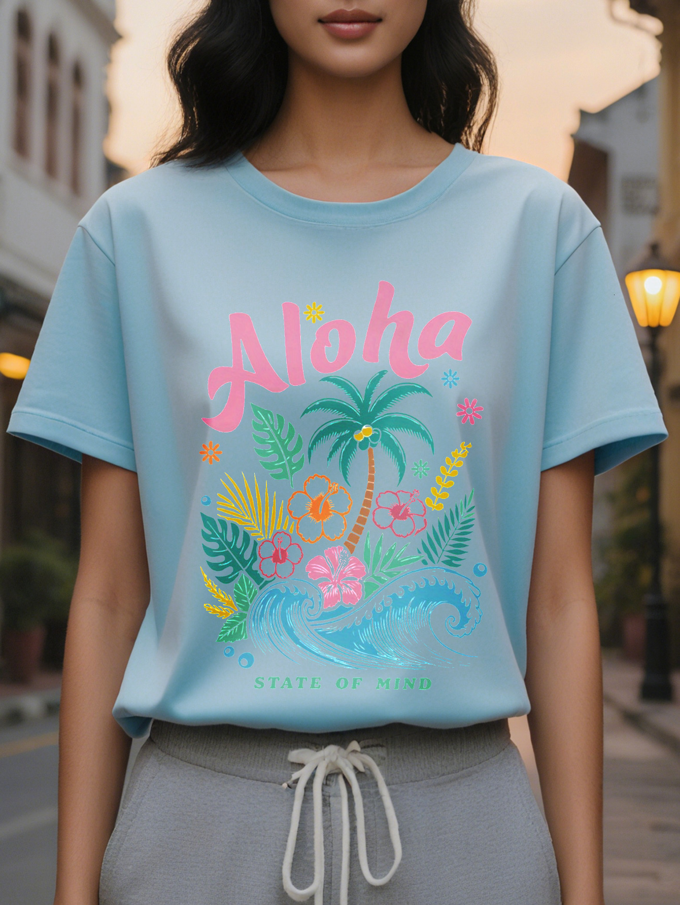 Women's Print T-Shirt Vibrant Summer Outfit with Palm Trees Flowers and Hawaiian Design Round Neck
