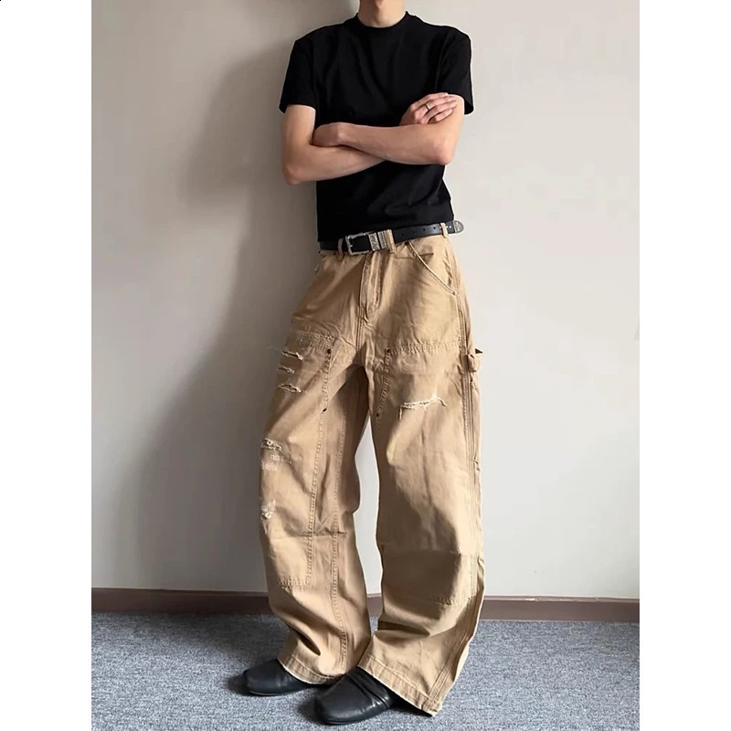 Khaki Mens Vintage Y2K 2000s Wide Leg Baggy Casual Denim Trouser High Waist Loose Jeans 2025 Autumn American Cargo Pants 250904