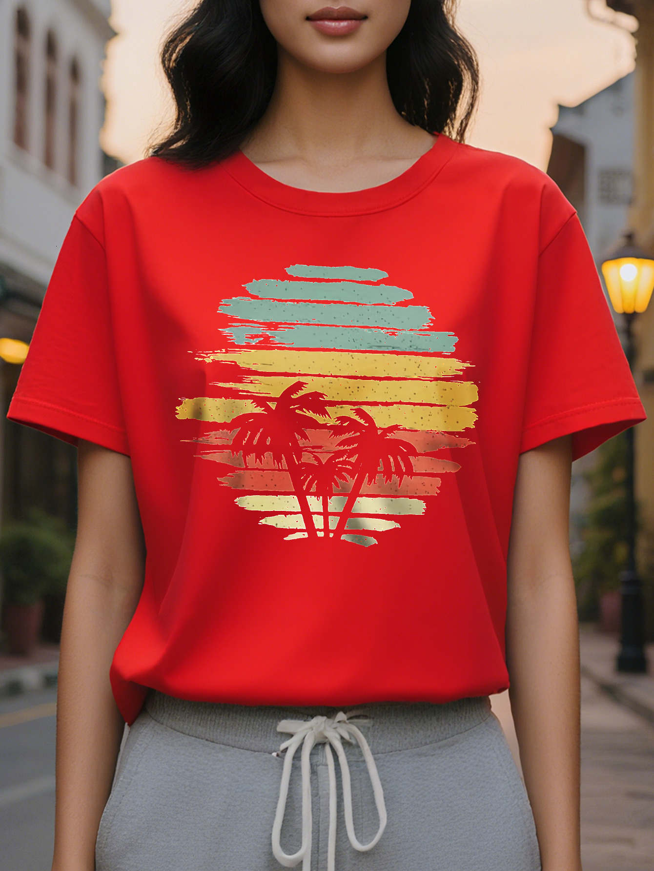 Vibrant Coconut Tree Print Relaxed Fit Crew Neck Tank Top Soft Breathable Sleeveless Perfect for Summer Women