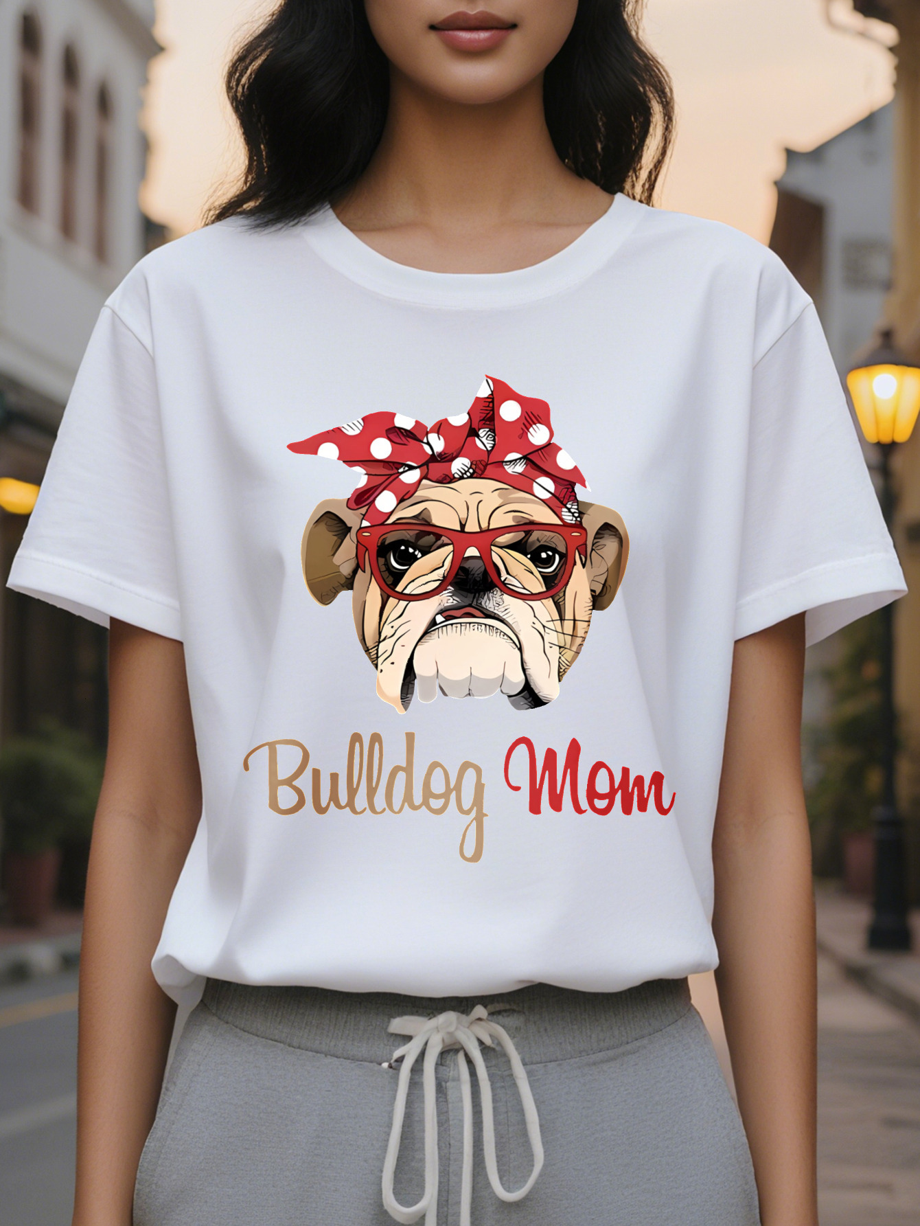 Women S Casual Cotton T-Shirt Pug Bulldog Mom Graphic Crew Neck Short Sleeve Regular Fit SpringSummer Knit Fabric