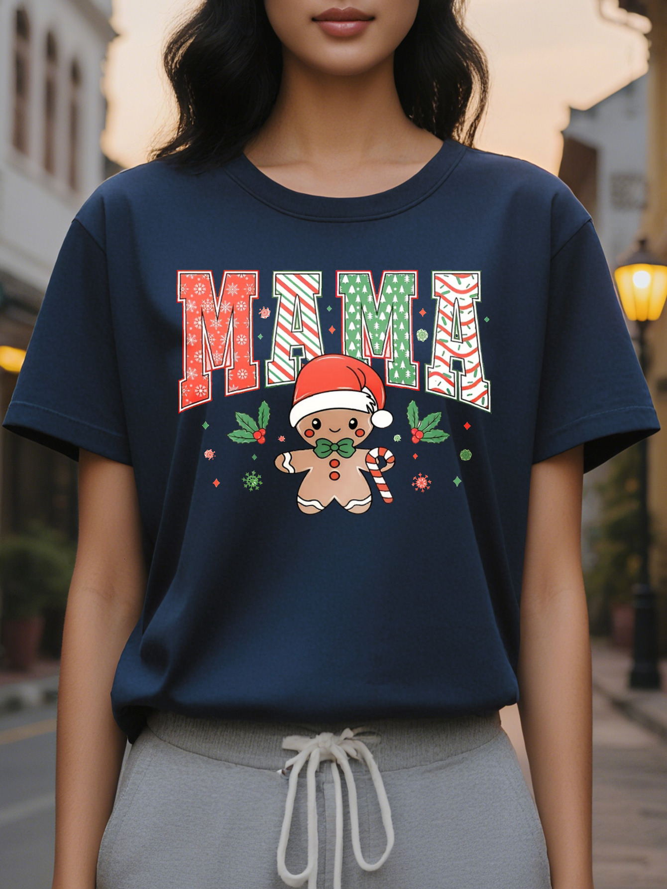 Large XL Women's Christmas Graphic Sweatshirt with Gingerbread Man Mama Lettering Beige Casual Round Neck Pullover Plus Size