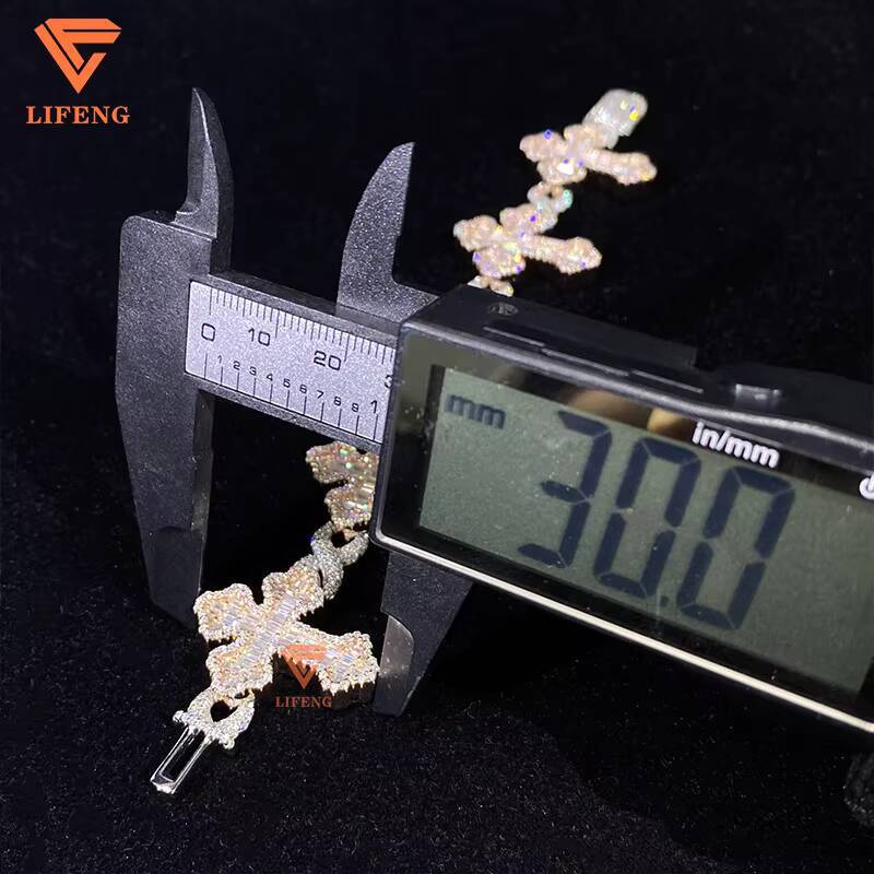 Fine Jewelry Bracelets Custom Two Tone Iced Out Baguette Moissanite Cross Bracelet 925 Silver Hip Hop Charms Bracelet for Women