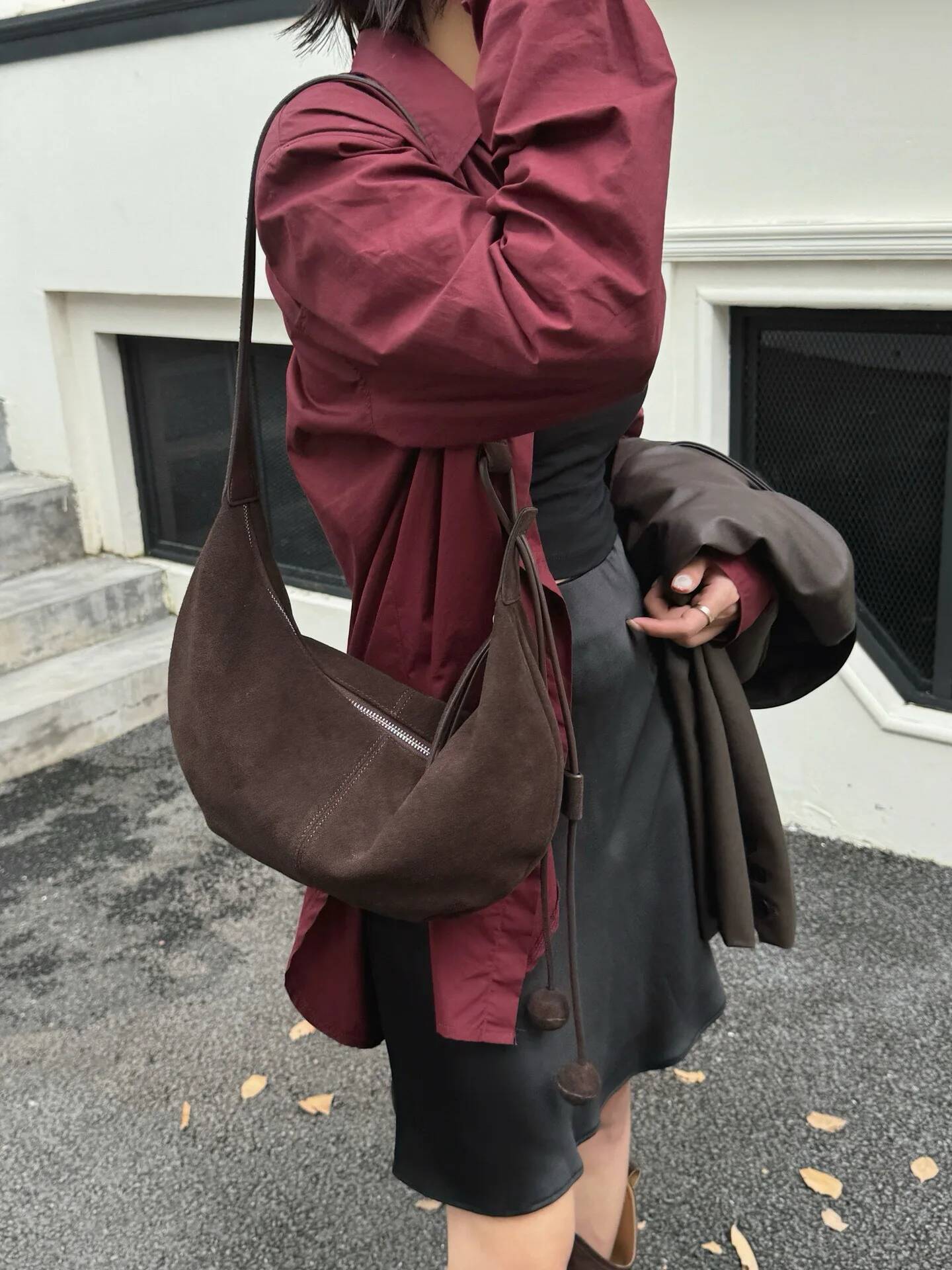 Cowhide nubuck large-capacity dumpling women's casual suede one-shoulder crossbody bag, light