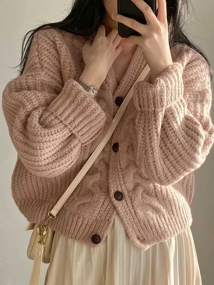 Korean Thick Women Cardigan Knitted Sweater Autumn Winter chic Loose Long Sleeve Tops Simple Solid sweater jacket for Female M250904