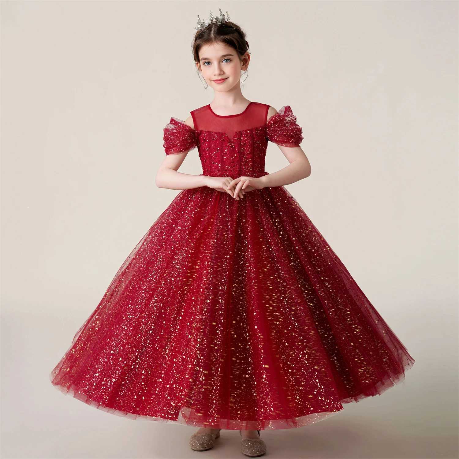 3-12 Year Children Pink Mesh Long Dress Wedding Dress Girl Princess Dress Girl Birthday Party Evening Dresses Z250904