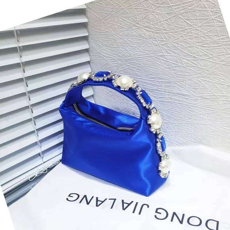 High Quality Women's Handbag Satin Hobo Crystal Shiny Dias Pearl Beaded Evening Bag Wedding Party Clutch Purse