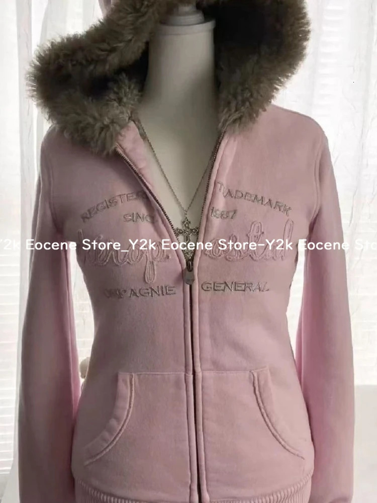 Vintage Letter Fur Collar Hooded Sweatshirt Autumn Winter Zipper Y2K Retro Fleece Jacket Harajuku y Plush Dark Fashion 250904