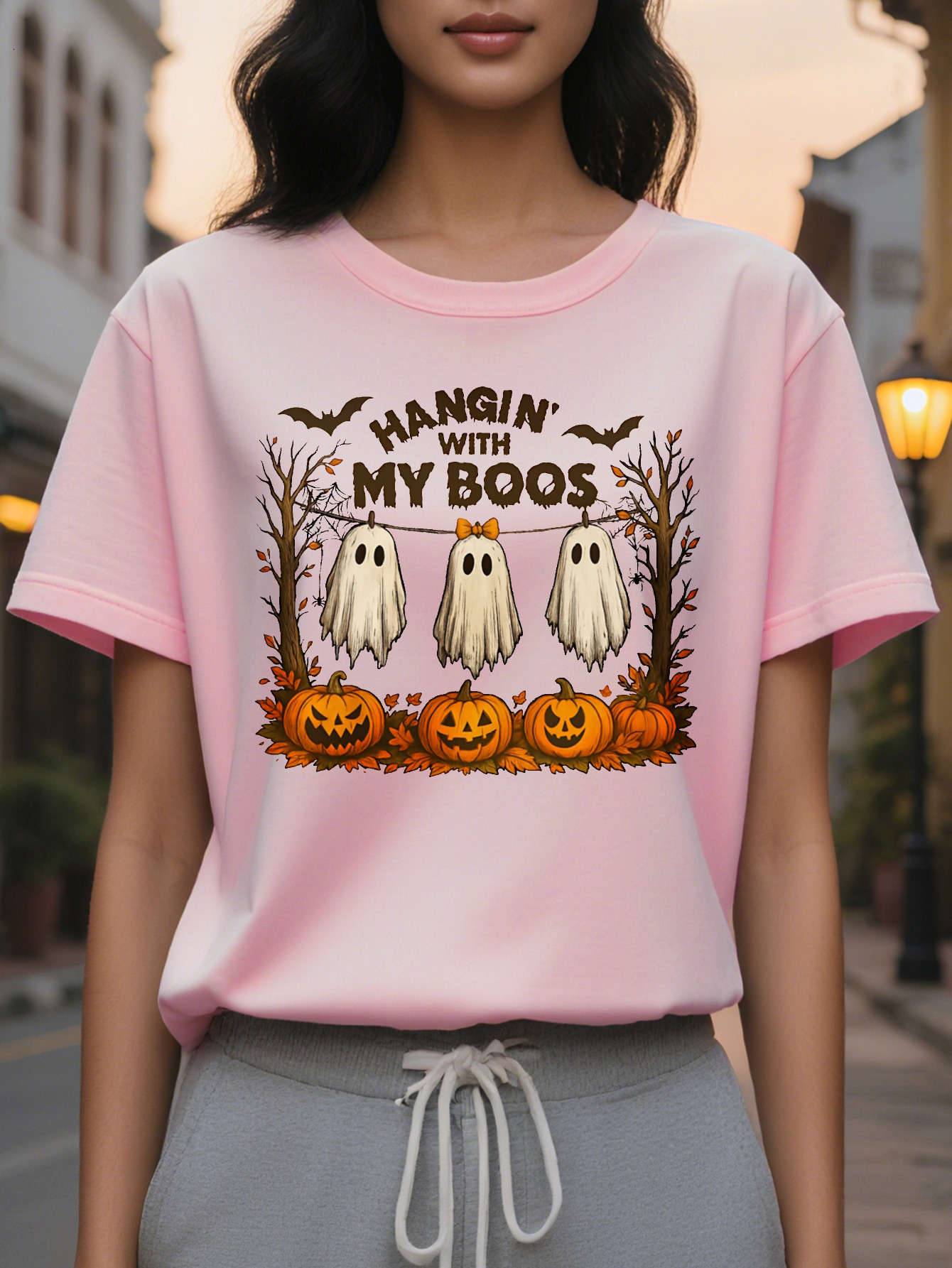 Women s Beige Spooky Ghosts Jack O Lanterns Round Neck Pullover Cozy Fall Parties Casual Attire hine Washable