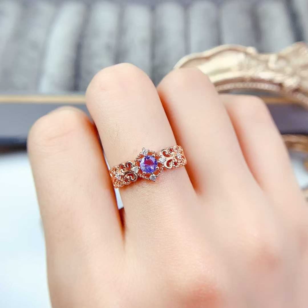 925 silver lace design ring natural tanzanite ring 4mm real tanznaite jewelry 18K gold plated sivler gemstone jewelry