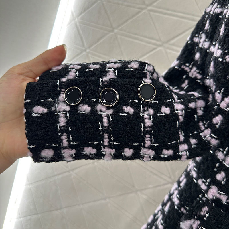 Luxury Retro Oversized Ladies Woven Check Long Coat Dress, Stand Collar Button Down Wool Blend Jacket, Fringe Detail Elegant S0909