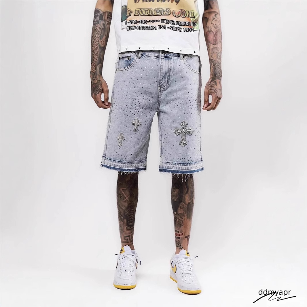 Men's Shorts Gothic Rhinestone Cross Embroidery Viral Denim Jorts Vintage American Trend Gym Men Women Street Hip Hop Jean Ddmyday Short Ddmyday 