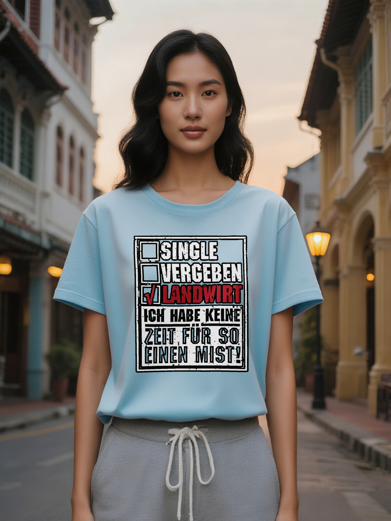 Lady Graphic T-Shirt with Humorous German Text Print Black White Contrast Design Round Neck Summer Tee