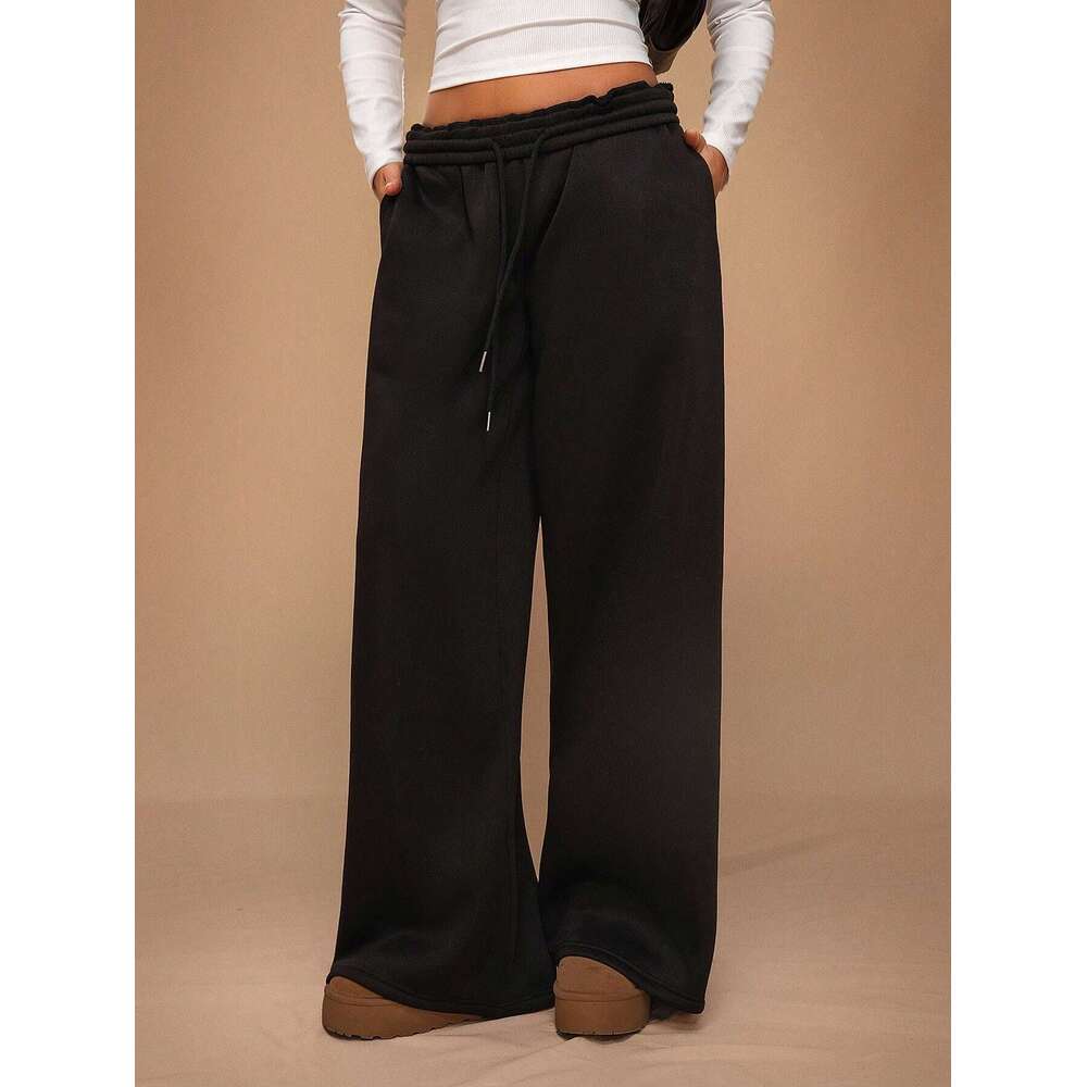 2025 Autumn Winter European and American Women's Fashion Elastic Fleece Loose Wide-Leg Sports Casual Pants