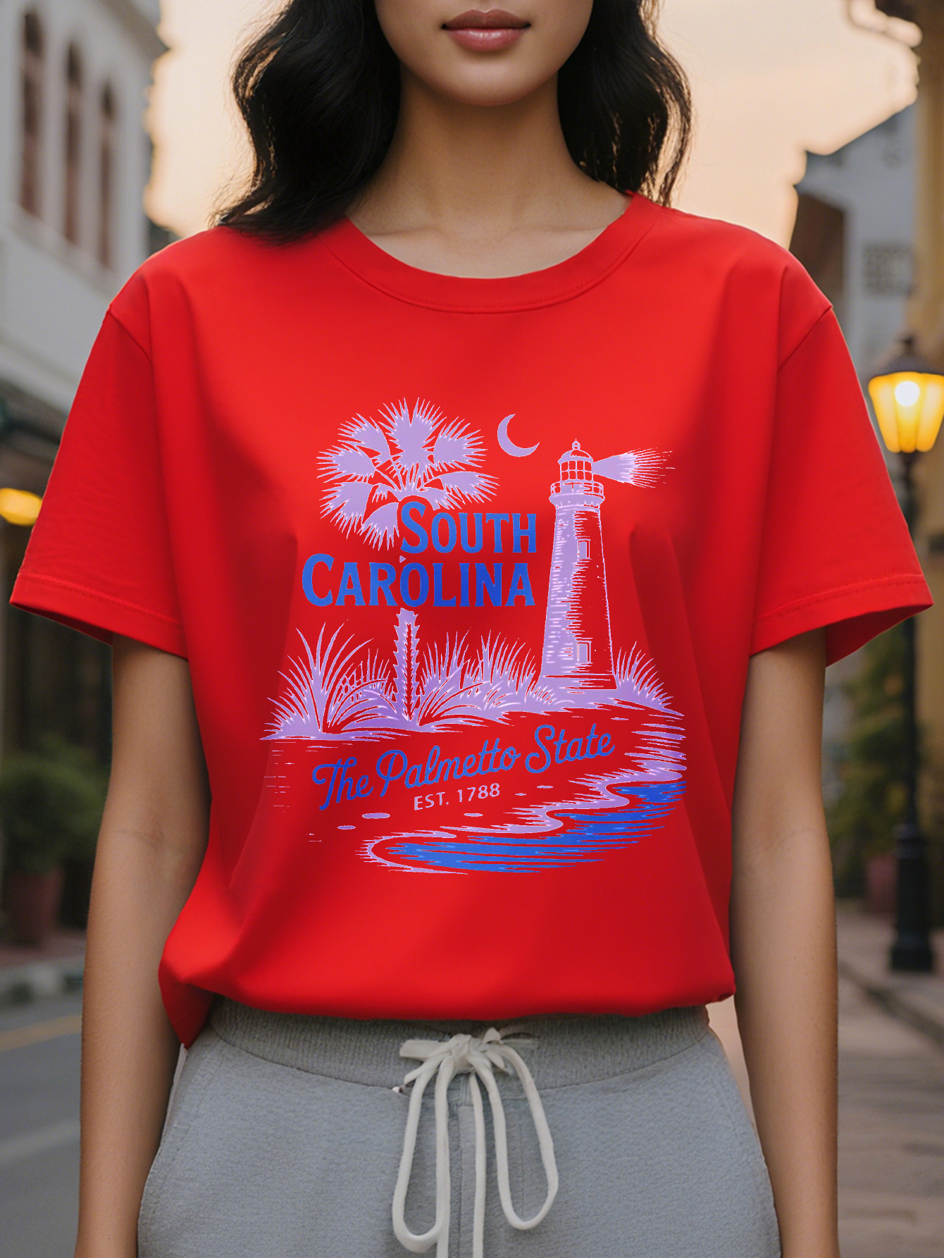 Women s White Sleeve Sweater South Carolina Pattern Pullover Lighthouse Vintage Design, Washable for Autumn and Winter