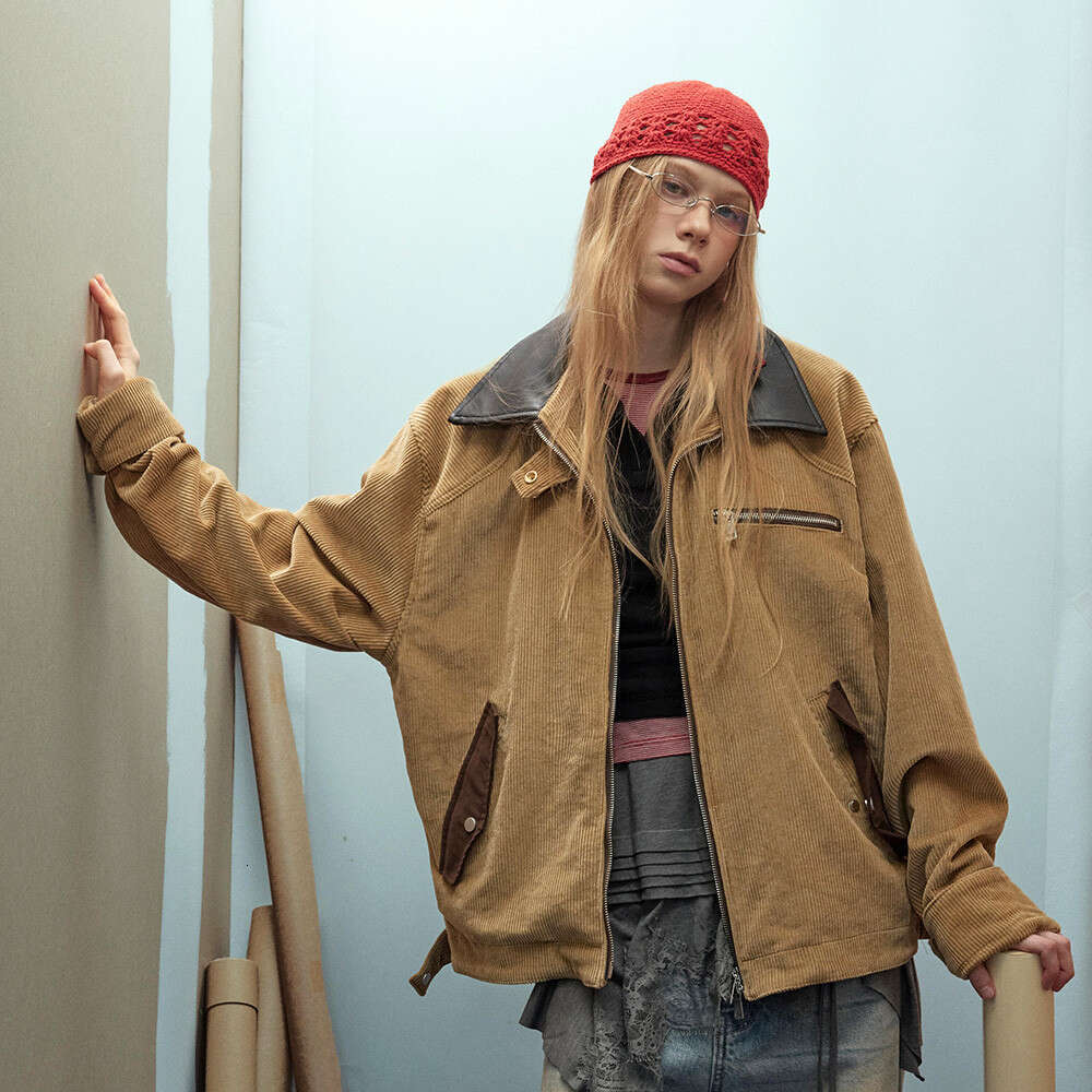 Corduroy Autumn Winter Unisex American Style Trendy Brand Color Block PU Leather Lapel Double Zipper Cardigan Jacket