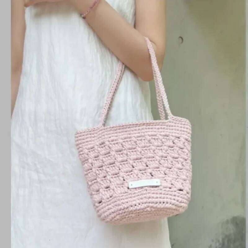 Handmade crochet hollow flower solid color elegant handbag, mobile phone bag with inner lining magnetic buckle closure