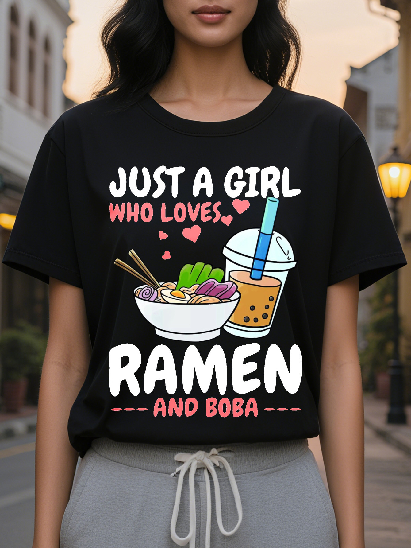Large XL Ramen Letter Print Crew Neck T-shirt Casual Short Sleeve Top for Spring Summer Women's Clothing Plus Size