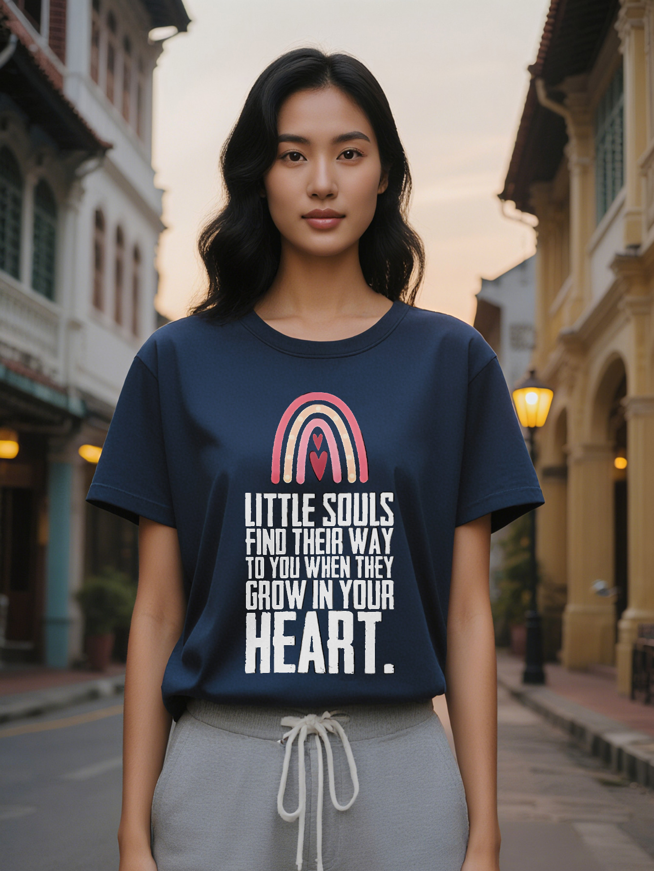 ladys Casual Versatile Round Neck T-Shirt with Rainbow Heart Print Design a Great Gift for ladies