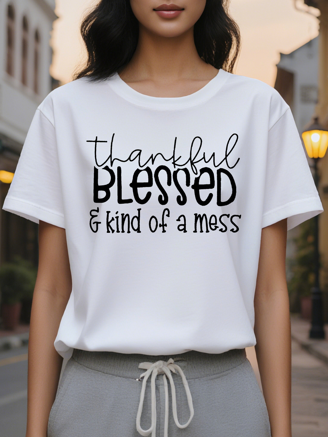 Large XL Blessed Print Crew Neck Casual Short Sleeve T-Shirt for Spring Summer Women's Clothing Plus Size