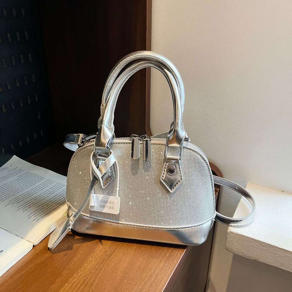 DHEssentials 2025 Women's Shelled PU Bag, Silver Tones, Zipper Top, Slim Design, Crossbody/Handheld, Summer Statement