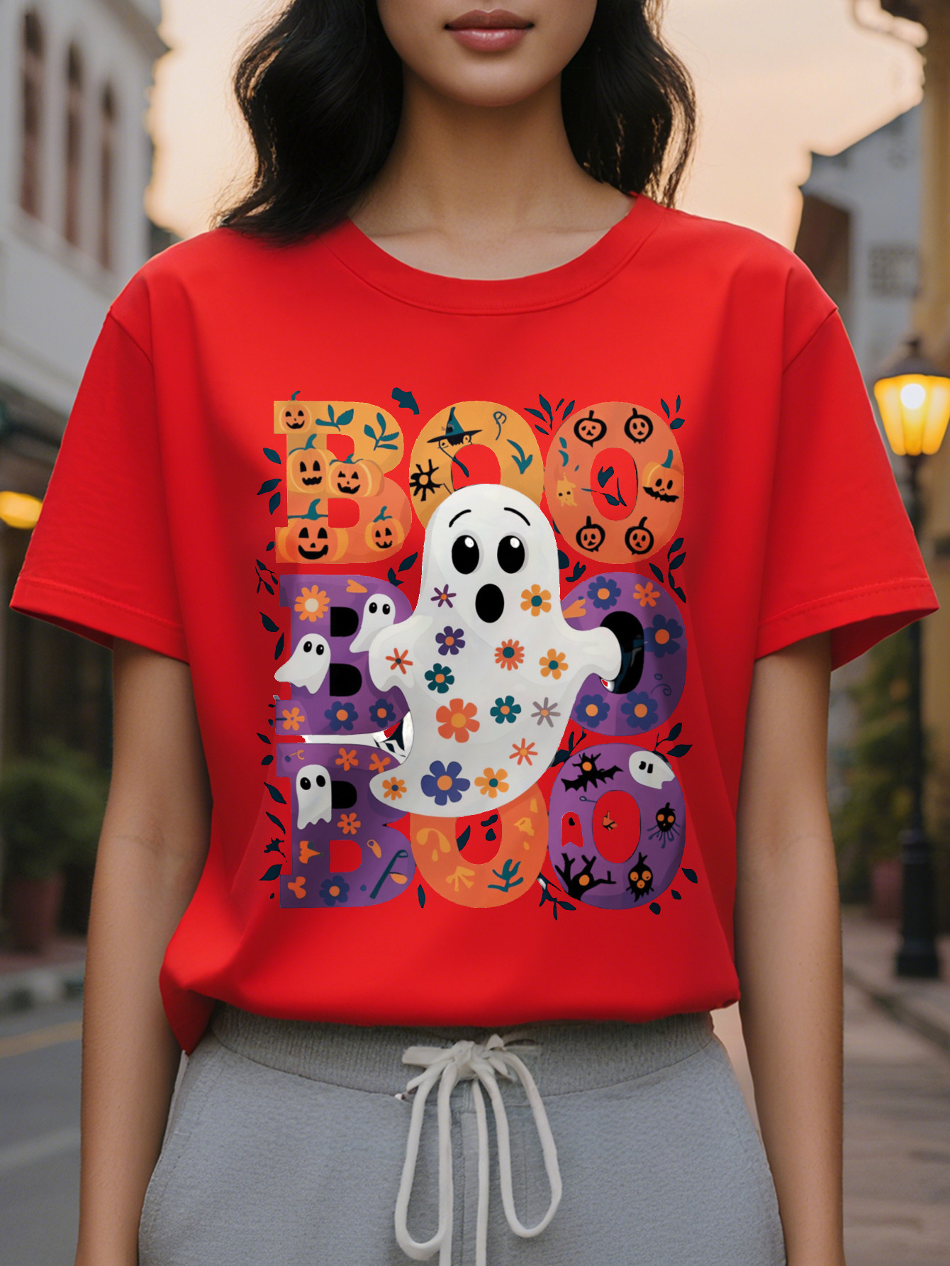 Ladies Cute Boo Pattern T Shirt with Floral Pumpkin Orange Purple Fall Colors Lightweight Round Neck Casual Top