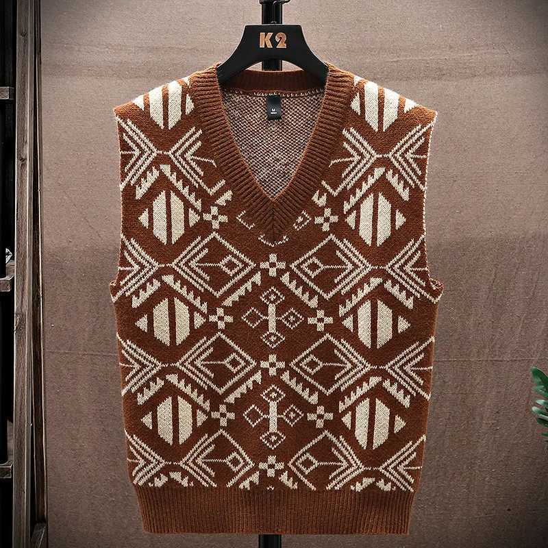 Mens V Neck Knit Vest Intricate Ethnic Pattern Vintage Style Layer Friendly Daily Campus Leisure Office WearXJ250904